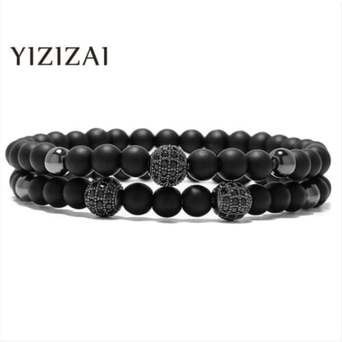 YIZIZAI New Fashion Black Matte Stone Jewelry Stretch Women & Men Pulseira Masculina Bilekli Femme Elastic Bracelet Set Gift