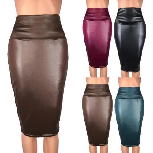 Pencil Skirts High Waist Office Lady Elegant Jupe Chic Womens Midi Skirt Imitation Leather A-Line Zipper Women Skirt Club Wear