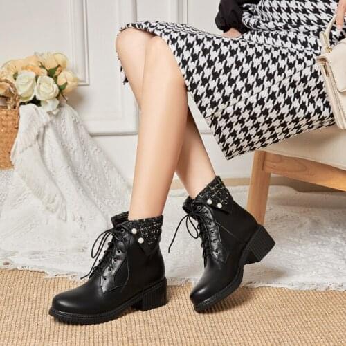 Sweet Sen Womens Color Matching Thick Heel Retro Martin Boots Pearl Deep Mouth Pigskin Inner Breathable Belt Buckle Ankle Boots