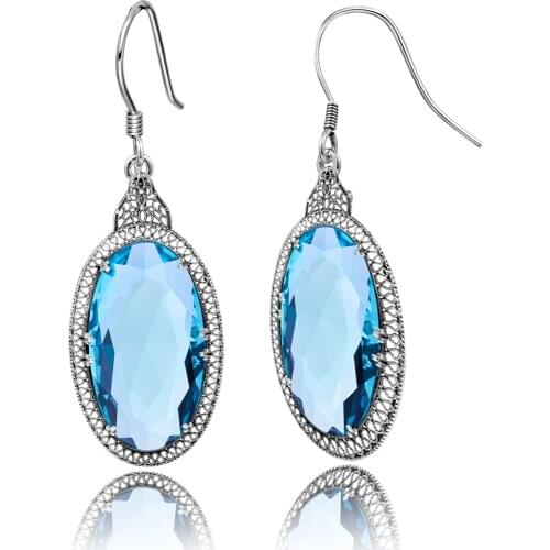 Szjinao Vintage Aquamarine Gemstone Long Drop Earrings For Women 925 Sterling Silver Indian Designer Statement Fine Jewelry 2021