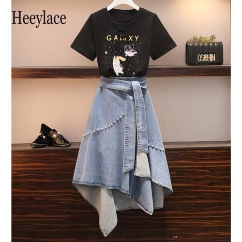 Plus size women korean two piece set for women black short sleeve top and irregular ruffles denim skirts sets sets female outfit
