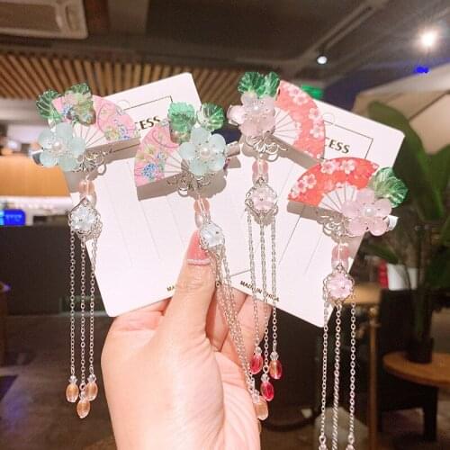2 pcs Ancient Fan Flower Hair Clips Long Tassel Hair Clips Hanfu Gril Hair Acceaaory Handmade Hair Clip