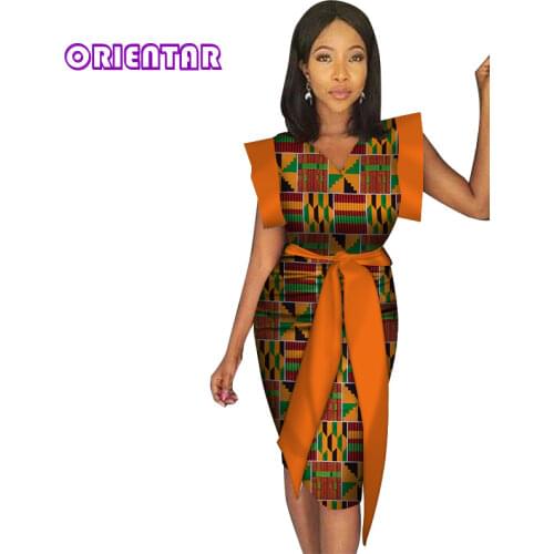 Fashion Women African Print Dress with Waist Belt Bazin Riche V-neck Midi Dress Dashiki Cotton African Clothes for Women WY3146