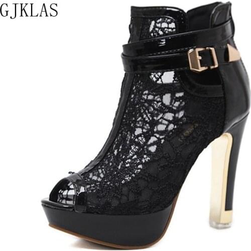Black White Platform Shoes High Heel Boots Peep Toe Ankle Boots for Women Fashion Lace Big Size Botas Sandalias De Verano Mujer