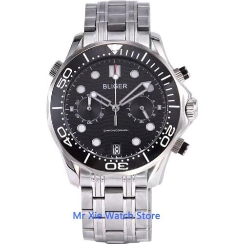 Bliger 41mm Quartz Watch Men Sapphire Glass Luminous Waterproof Date Sport Chronograph Function Wristwatch Men