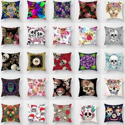 Skull Print Cushion Cover Flowers Plant Pattern Decorative Throw Pillow Cover Home Decor Skeleton Plush Square Pillowcase