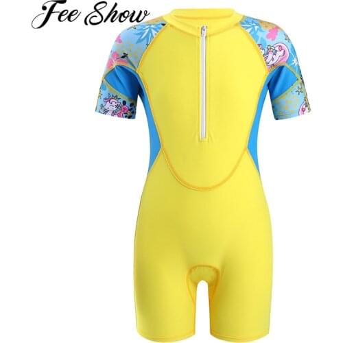 Kids Girls Summer Swimwear Beachwear Stand Collar Short Sleeves Front Zipper Closure Shorts Jumpsuit Set Children Bathing Suit