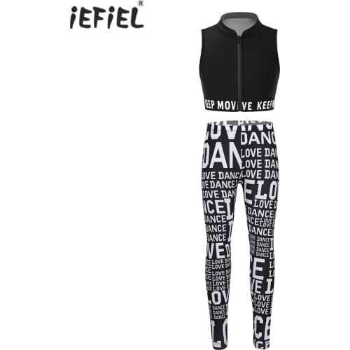 Kids Girls Dance Sport Suits Letter Print Sleeveless Tanks Crop Top With Leggings Tights For Ballet Dancewear Gymnastics Workout