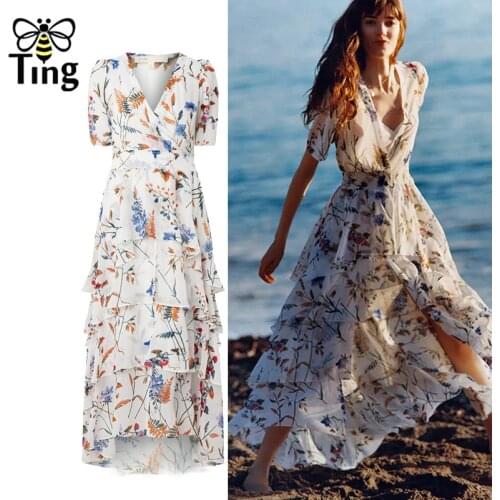 Tingfly France Fashion Designer Layered Ruffles Summer Chiffon Dress Sexy V neck Split Long Boho Casual Dress Vestidos Trend ZA