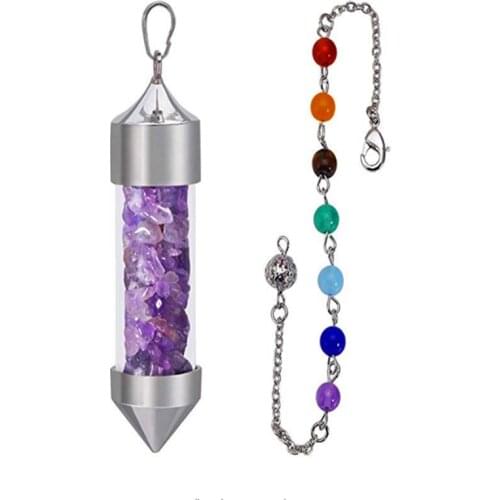 FYJS Unique Silver Plated Wish Bottle with 7 Stone Beads Chain Pendant Natural Purple Amethysts Jewelry