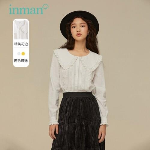 INMAN Autumn Spring Females Top Elegant Style Hollow Embroidery Doll Collar Loose Cottons Long Sleeve Buttons Blouse