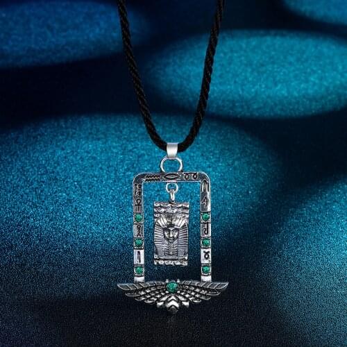 Anubis Pendant with Red Cubic Zirconium Gemstones, Ancient Egyptian Gods Necklace with Hieroglyphics, Egyptian Amule