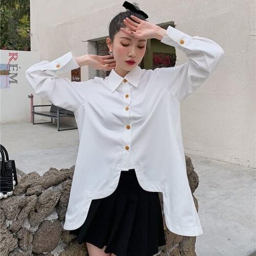 LANMREM Women White Asymmetry Blouse Lapel Long Sleeve Loose Fit Lady Shirt Fashion Tide Autumn Summer 2021 New Arrivals 2E1994