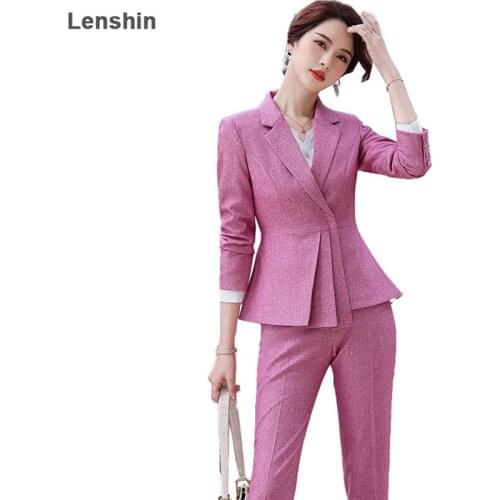Lenshin High Quality 2 Piece Set Formal Pant Suit Asymmetry Blazer Office Lady Uniform Design Women Business Jacket and Pant