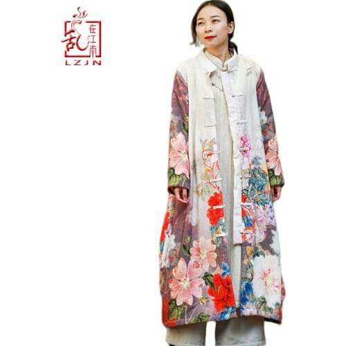 LZJN Women Winter Coat Floral Printed Trench Coat Windbreaker Female Coats Vintage Chinese Style Fleece Lined Warm Long Overcoat