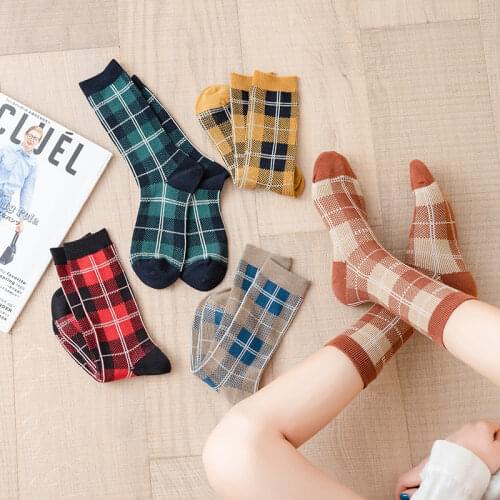 New Product Striped Women Lattice Knit Long Socks Autumn Japanese Literary Temperament Retro Pile Socks British Cotton Stocking