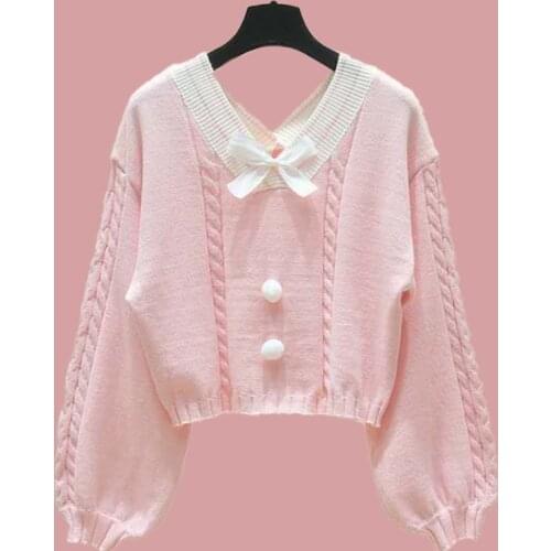 Autumn Women Sweater Lace Bow Knitted Morandi Color Soft sister Lovely Cute Girls Japanese Female Sweet V-neck Short Knitwear
