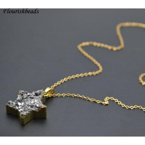 1pc Natural Silver Color Druzy Agate Star Shape Mineral Stone Pendant Linked Chains Necklace Fashion Woman Jewelry