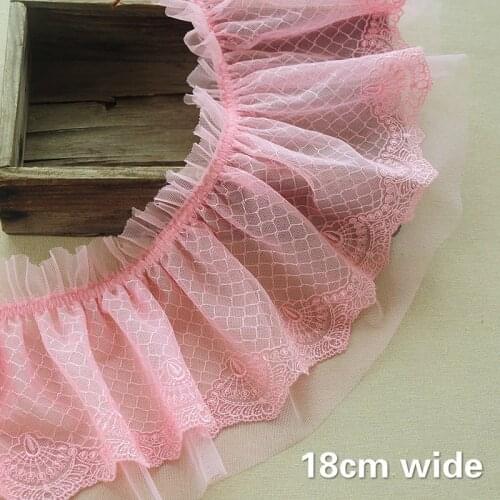 18cm Wide Pink Mesh Elastic Pleated Embroidered Lace Fabric DIY Cuff Skirt With Ruffled Edge Trim Home Textile Accessories renda