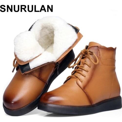 SNURULAN Winter Boots Women Snow Boots Natural Thick Wool Warm Ankle Boots For Women 100% Genuine Cow Leather Flats ShoesE028