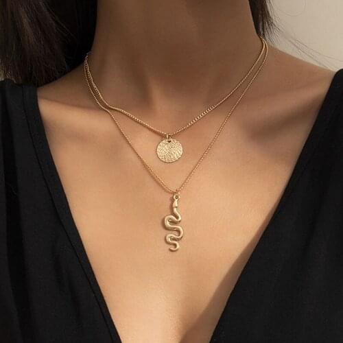 Vintage Double Layers Beaded Snake Pendant Necklace for Women Punk Chains Geometric Round Clavicle Necklace Colar Jewelry Gift