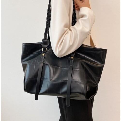 Large Women Shoulder Bag Quality Pu Leather Tote Bag Luxury Designer Ladies Handbag Big Black Stone Pattern Female Shopper Bags