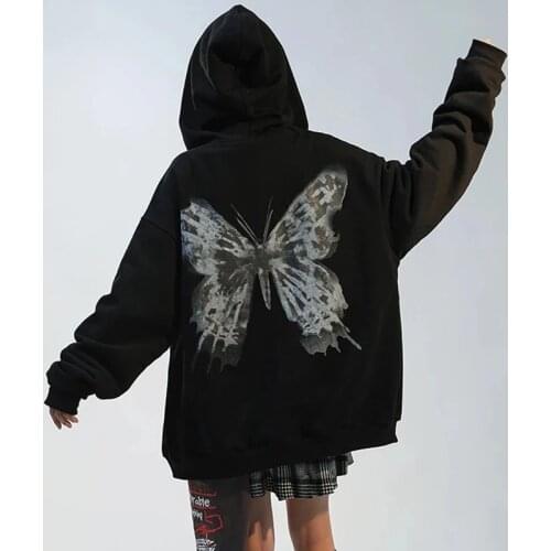 Wsevypo Y2K Vintage 90s Womens Gothic Butterfly Graphic Hoodies Autumn Streetwear Loose Long Sleeve Zip Up Sweatshirts Harajuku