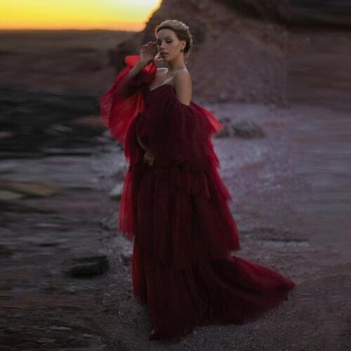 Red Maternity Dresses Tulle Tiered Skirts Ruffled Boudoir Dress Wedding Bridal Dress Bathrobes Nightgowns Gown Photo Shoot Props