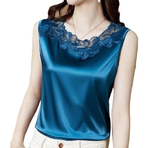 Women Blouse Shirt Plus Size Sleeveless Lace O-Neck Loose Polyester Female Casual Solid Color Bottoming Tops Shirt Blouses
