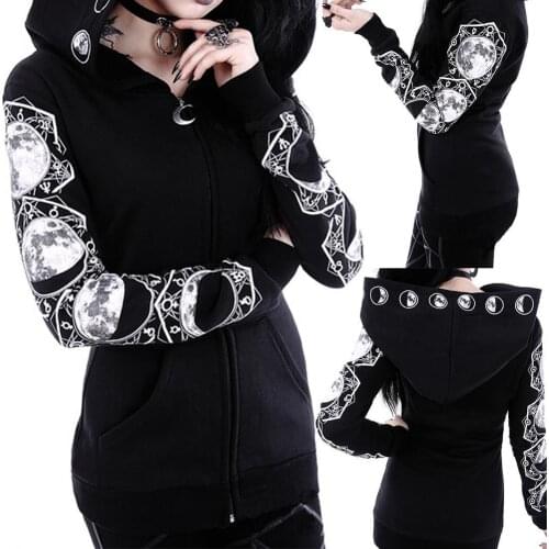 Women Fashion Moon Print Zipper Pocket Coat Long Sleeve Hooded Loose-fitting Punk Street Hipster Womens Sweatshirt Top