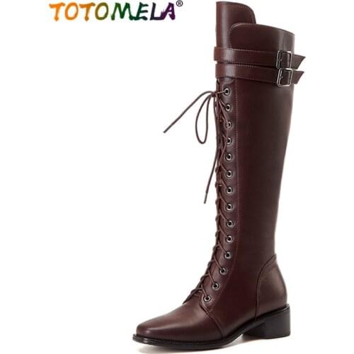 TOTOMELA newest full genuine leather shoes women knee high boots round toe lace up buckle zip fashion riding boots woman