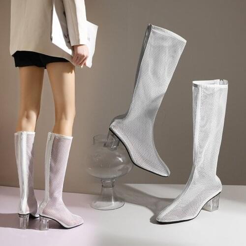 2021Summer Women Boots Sexy Mesh Pointed toe Zipper Knee-high boots Clear crystal square Heel long Boots Ladies zapatos de mujer