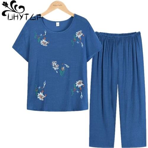 UHYTGF Women Summer Pajamas Set Cotton Linen Printing Home Wear Mom Thin Sleepwear Casual Short Sleeves Plus Size Nightwear 2084