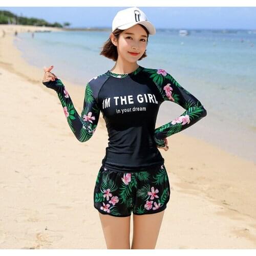 Swimsuit Long Sleeve One Piece Rash Guard Women Sleeves Suit For Surfing Windsurfing Korea New 2019 Floral Spandex Surfing