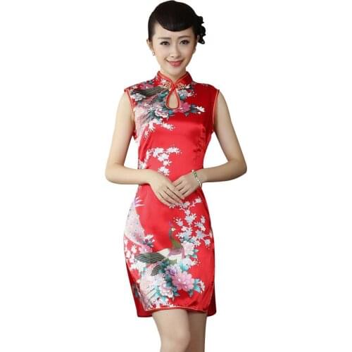Women Chinese Sleeveless Peacock Print Side Slitting Hem Cheongsam Mini Dress Women Satin Cheongsam Bride Wedding Dresses 2020