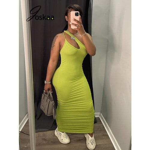 Joskaa Solid One Shoulder Ruched Hollow Out Bodycon Dress Women Sexy Backless Party Maxi Dresses Fall 2021 Fashion Streetwear