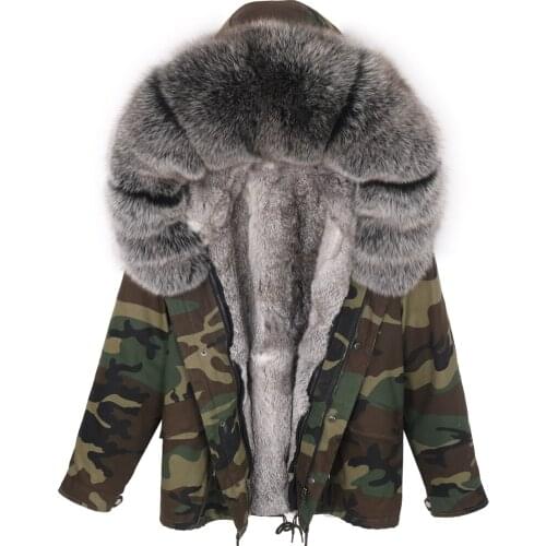 Real Fox Fur Liner Coat Big Natural Raccoon Fur Hood Thick Warm Parkas Camouflage Streetwear 2021 New Winter Jacket Women