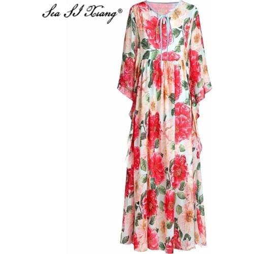 Seasixiang Fashion Designer Summer Chiffon Dress Womens Batwing Sleeve Floral Print Bohemia Maxi Dresses