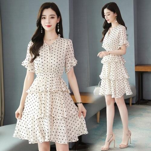 2021 High Quality Sweet Dot Chiffon Cake Dresses Summer Vintage 3XL Plus Size Midi Sundress Women Elegant Bodycon Party Vestidos