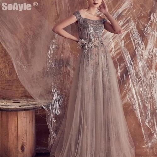 SoAyle Evening Dress with Boat Neckline Off Shoulder Sequin Lace Beaded Sexy A-Line Feather Evening Dresses For Women