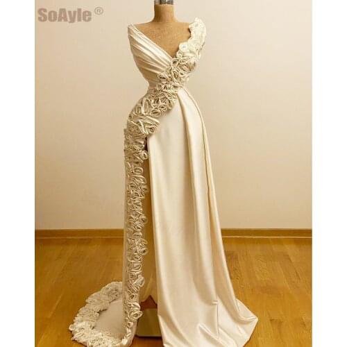 SoAyle Unique Rose Flower Design Evening Dress Deep V-Neck A-Line Evening Dress for Women Sexy Split Side Vestidos de Fiesta