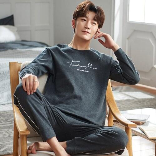 Winter Mens Cotton Pajamas Simple Gray-Black Letter Sleepwear Pajama Sets Casual Sleep&Lounge Pyjamas Plus Size 2XL Pijamas