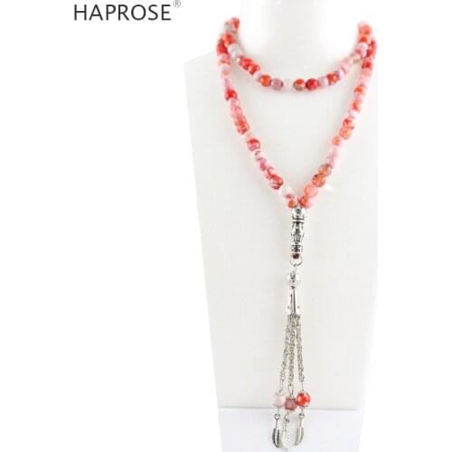 100% Natural agate Prayer Islamic Muslim tasbih Allah Rosary blue textured agate bracelets 99 beads 6-10mm red tassel necklace