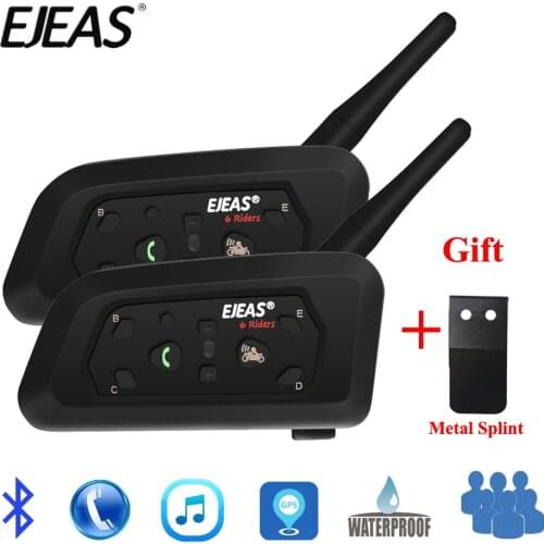 2pcs EJEAS V6 PRO Bluetooth Motorcycle Intercom Helmet Headset 6 Riders 1200m Communicator Interphone + Metal Splint