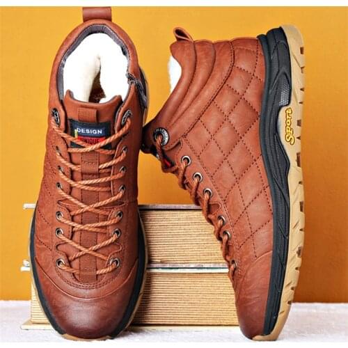 Working Non-Slip Ankle Boots Winter Warm Men Boots Genuine Leather Wool Fur Outdoor Snow Boots Handmade Waterproof