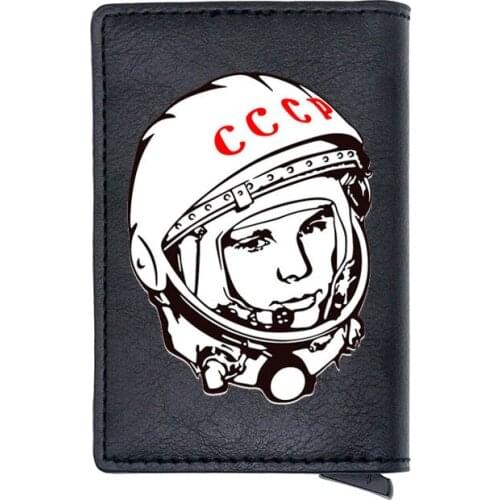 Retro Soviet Astronaut Gagarin Rfid Card Holder Wallets Classic Men Women Black Leather Small Money Bag Male Purses