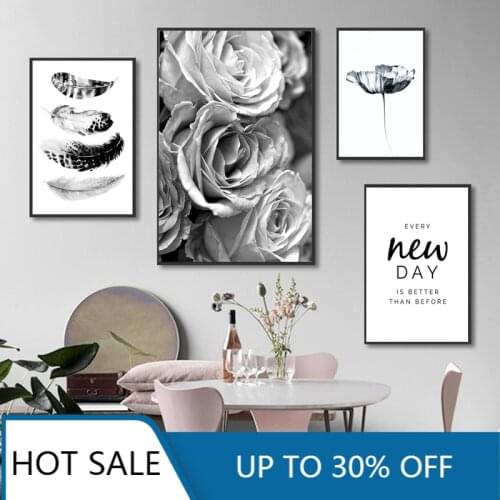 Black and White Wall Art Canvas Painting Posters Prints Rose Flower Feather Quote Minimalist Pictures For Aesthetic Home Decorat