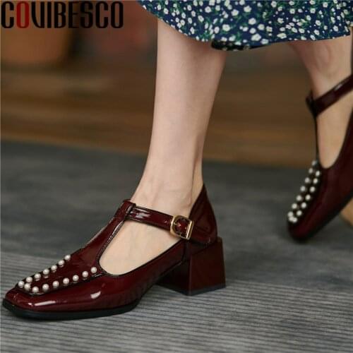 COVIBESCO 2021 Autumn New Women Pumps Concise Retro Genuine Leather Pearl Square Toe Thick Heels Office Lady T-Strap Shoes Woman