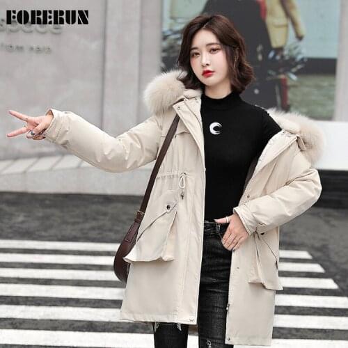 FORERUN Long Velvet Puffer Jacket Big Fur Hooded Detachable Cotton Padded Warm Parka Solid Slim Elegant Outwear Factory Supply