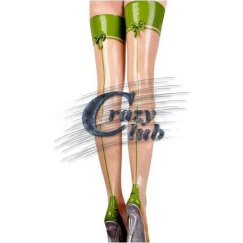 Crazy club_Hot Transparent With Apple Green Trim Long Latex Stockings With Bows At Back Rubber Thigh high stockings